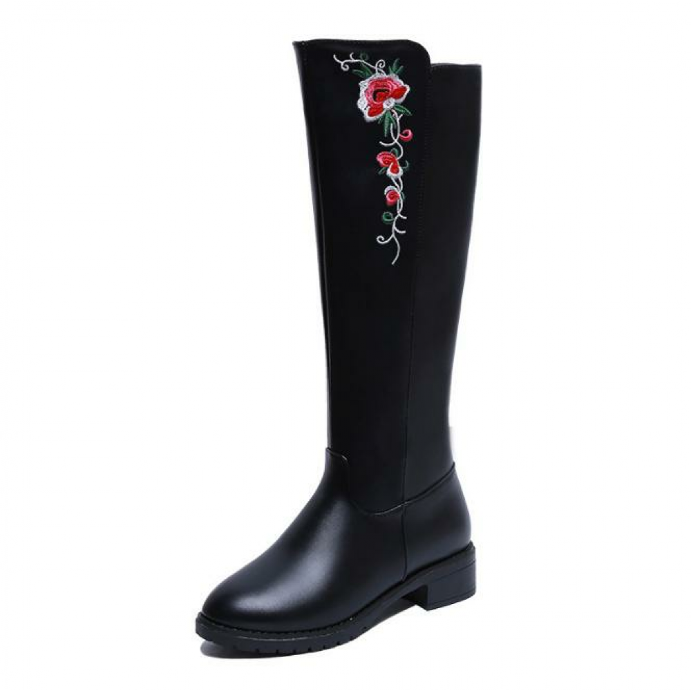 Embroidery Flower Knee High Black Boots Embroidery Flower Knee High Black Boots