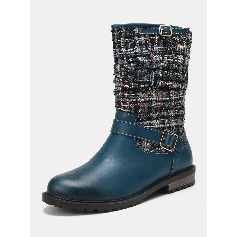 Women Winter Splicing Buckle Strap Flat Long Boots Women Winter Splicing Buckle Strap Flat Long Boots