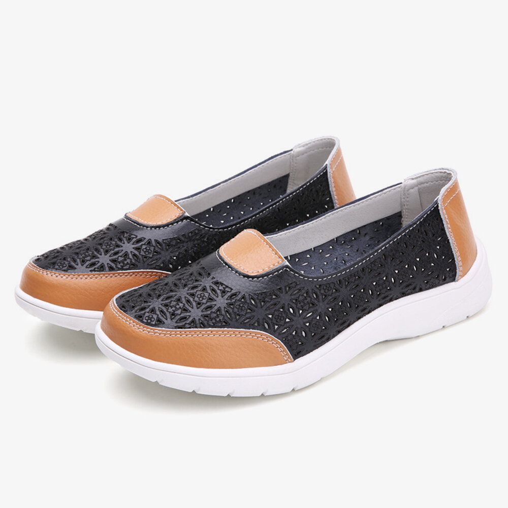 Women Hollow Leather Slip On Solid color Soft Sole Flats Shoes Women Hollow Leather Slip On Solid color Soft Sole Flats Shoes