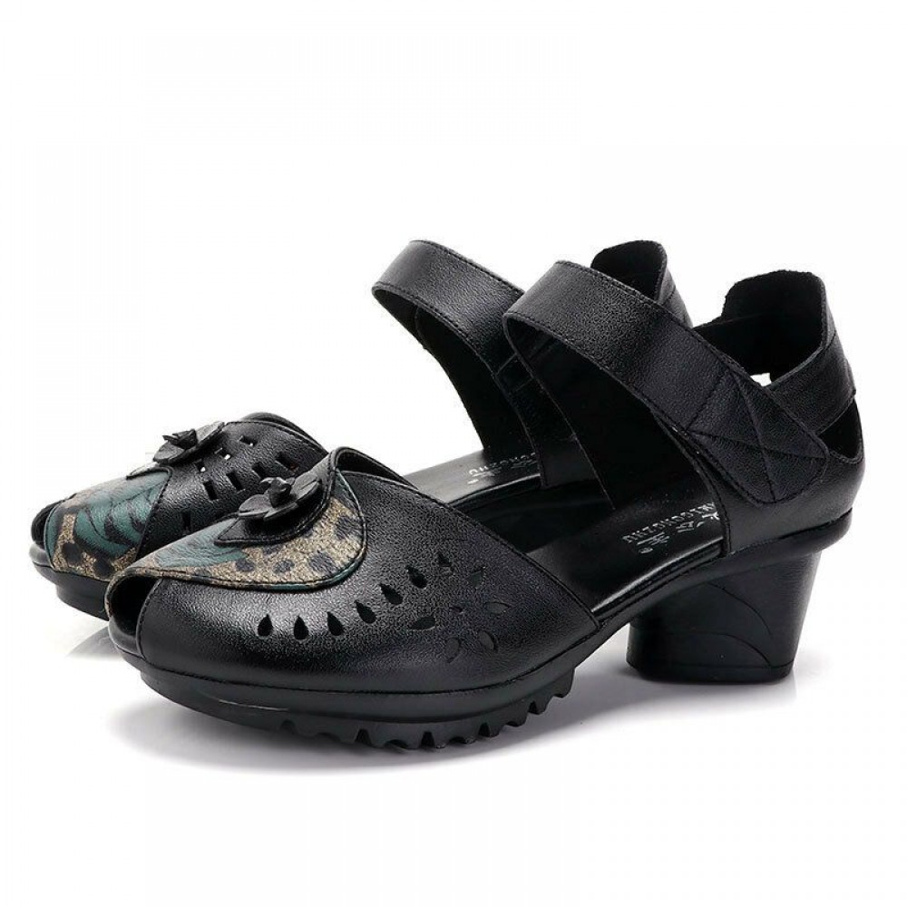 Women Casual Comfy Leather Hollow Hook Loop Open Toe Chunky Heel Sandals Women Casual Comfy Leather Hollow Hook Loop Open Toe Chunky Heel Sandals